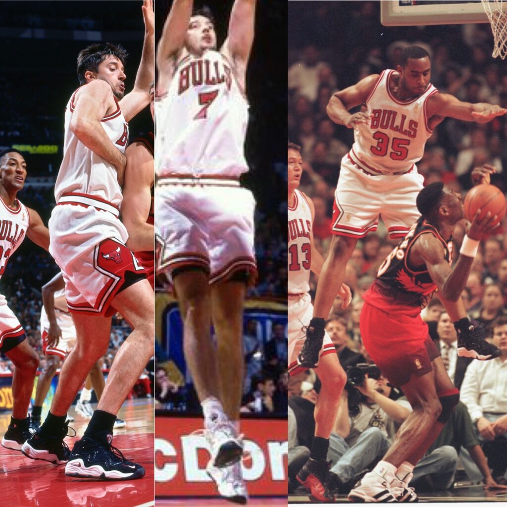 Toni Kukoc (left and center) and Jason Caffey (right) wearing the Nike Air Zoom Pippen 1 PE. 