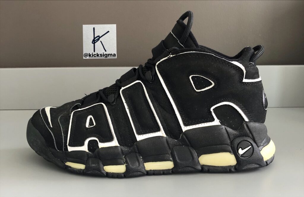 The Nike Air More Uptempo in the black, white colorway. 