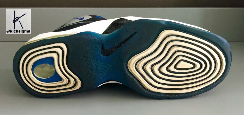 The Nike Air Penny 2, right shoe bottom view. 