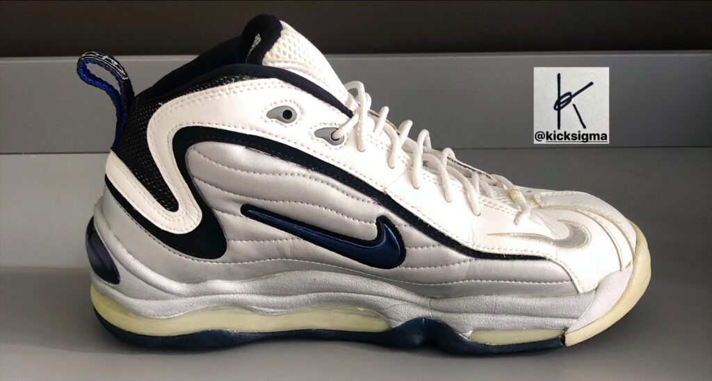 The Nike Air Total Max Uptempo, metallic silver, varsity royal, white Euro exclusive colorway, medial view. 