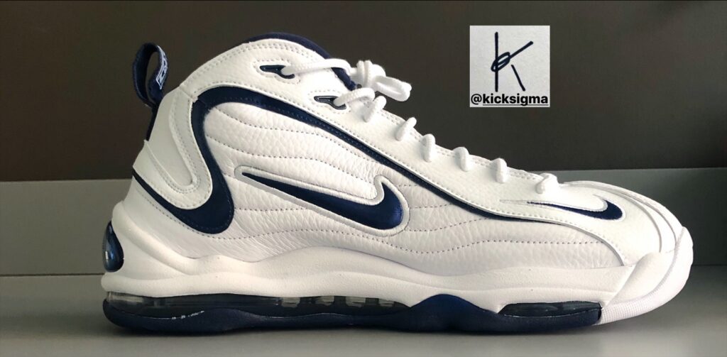 The Nike Air Total Max Uptempo, white, navy colorway, medial view. 