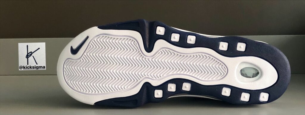 The Nike Air Total Max Uptempo, white, navy colorway, bottom view. 