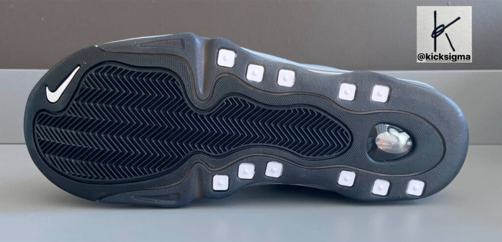 The Nike Air Total Max Uptempo, metallic silver, black colorway, bottom view. 