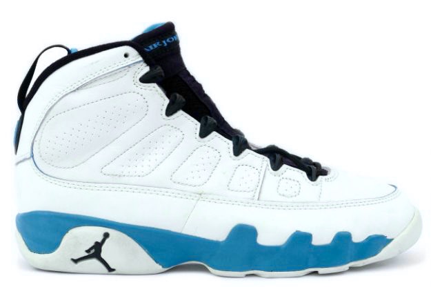 The Air Jordan IX in the white/black/dark powder-blue colorway. 