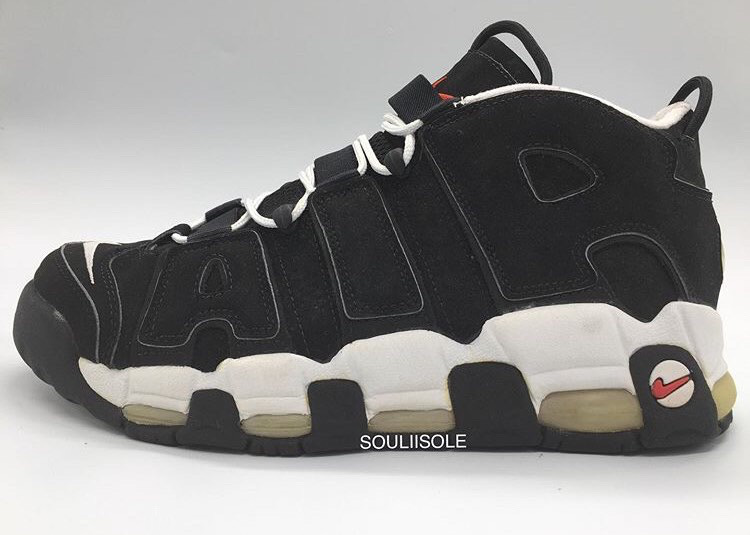 The Nike Air More Uptempo in the black, white, chile red colorway. 