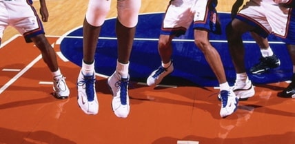 Patrick Ewing (left) and Allan Houston (right) wearing Nike Air Vis Zoom Uptempo "Knicks" PEs. 