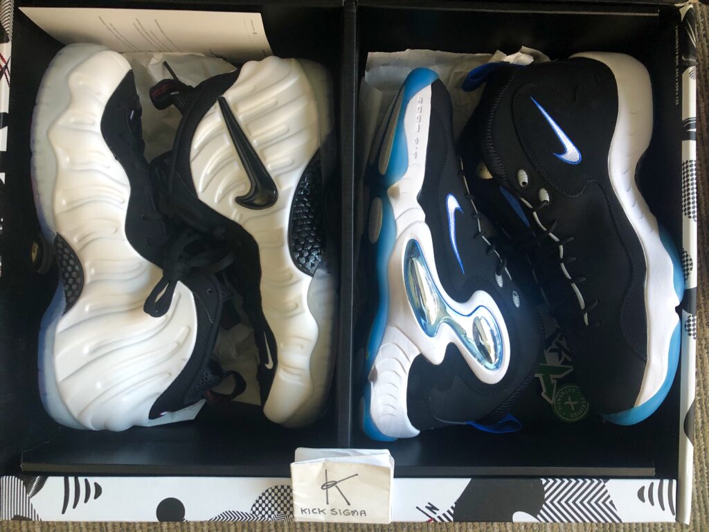 The Nike Class of 97 pack featuring the pearl Nike Foamposite Pro (left) and the Nike Air Hawk Flight (right). 
