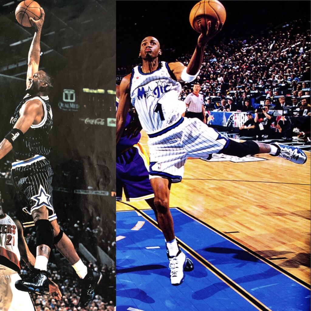 Penny Hardaway wearing the Nike Air Penny 3 black (left) and white (right). 