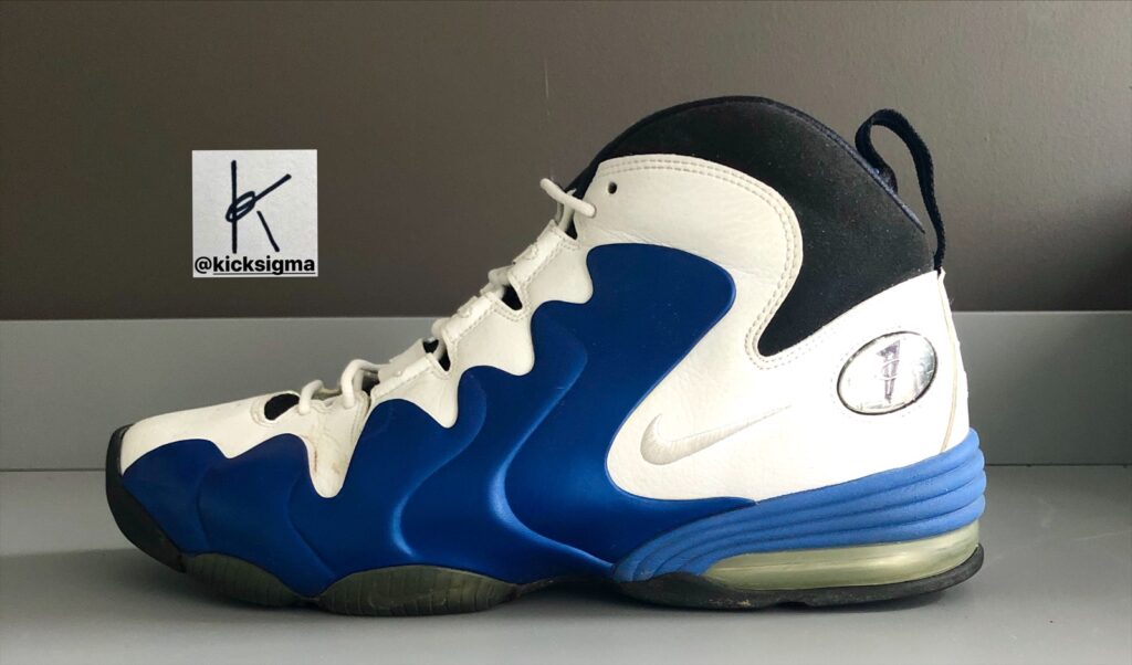 The Nike Air Penny III in the white/royal "home" colorway. 