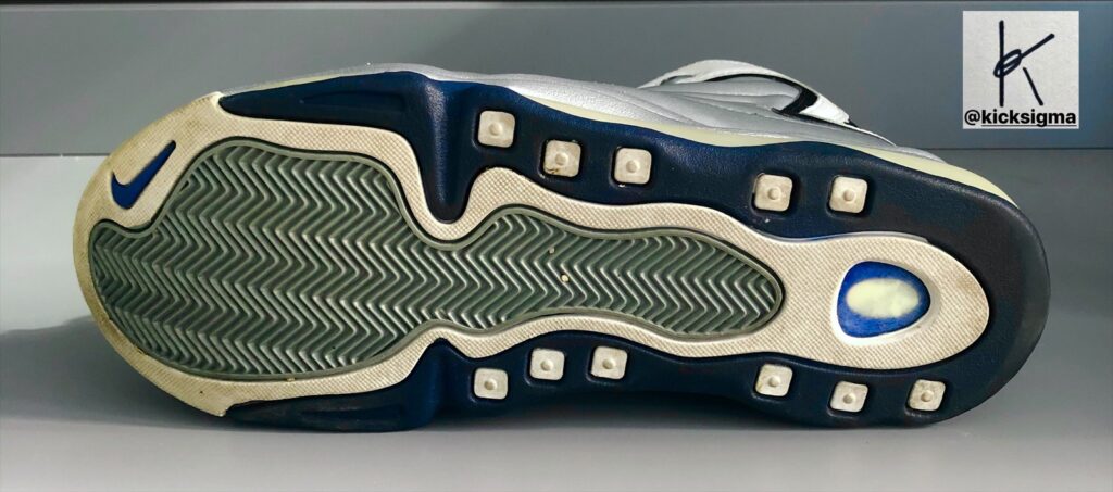 The Nike Air Total Max Uptempo, metallic silver, varsity royal, white Euro exclusive colorway, bottom view. 