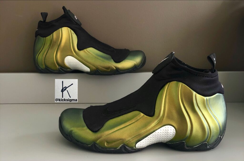 The Nike Flightposite, gold colorway, lateral view. 