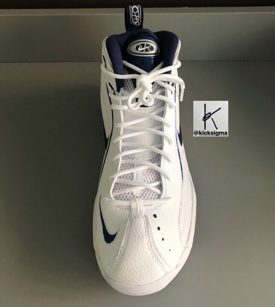 The Nike Air Total Max Uptempo, white, navy colorway, front view. 