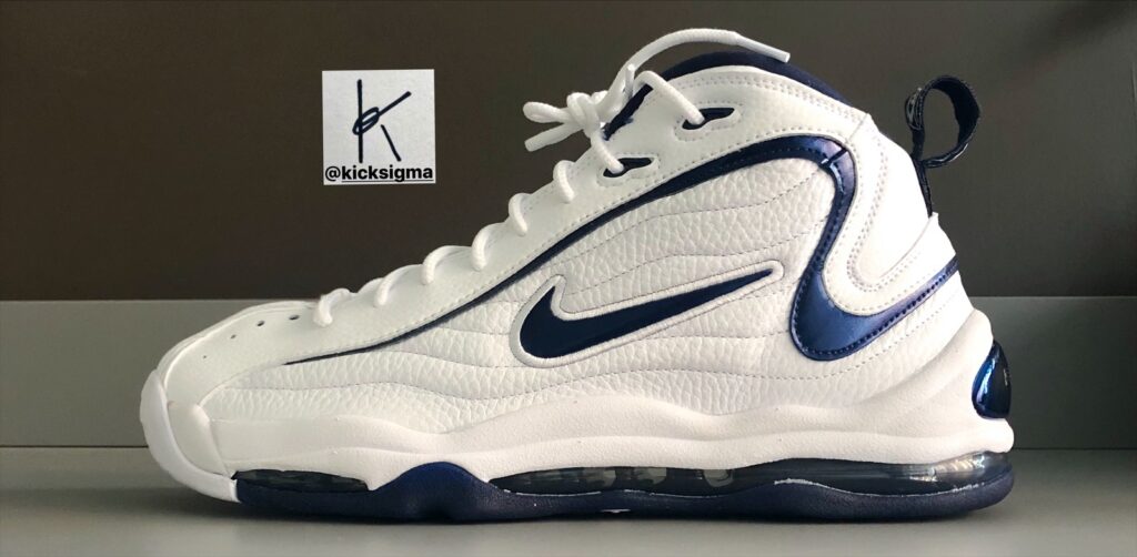 The Nike Air Total Max Uptempo, white, navy colorway, lateral view. 