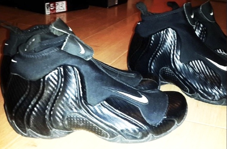 The Nike Flightposite, carbon fiber colorway, lateral view. 