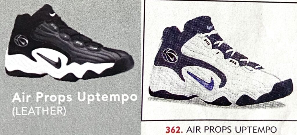The Nike Air Props Uptempo in the black colorway (left) and the white colorway (right). 