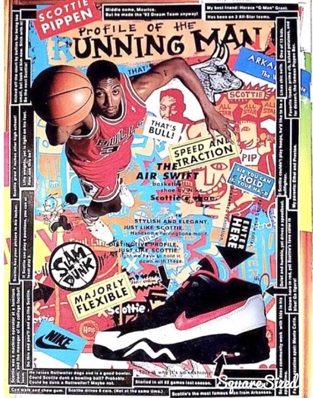 Nike ad featuring Scottie Pippen and the black/white/red Nike Air Swift. 