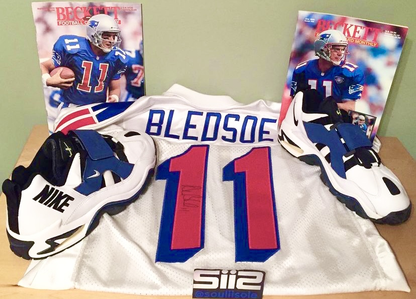 The Nike Air Turmoil Low with Drew Bledsoe New England Patriots jersey. 