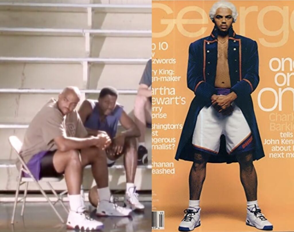 Barkley wearing the unreleased white colorway of the CB34 during the movie Space Jam (left) and on the cover of George magazine (right). 