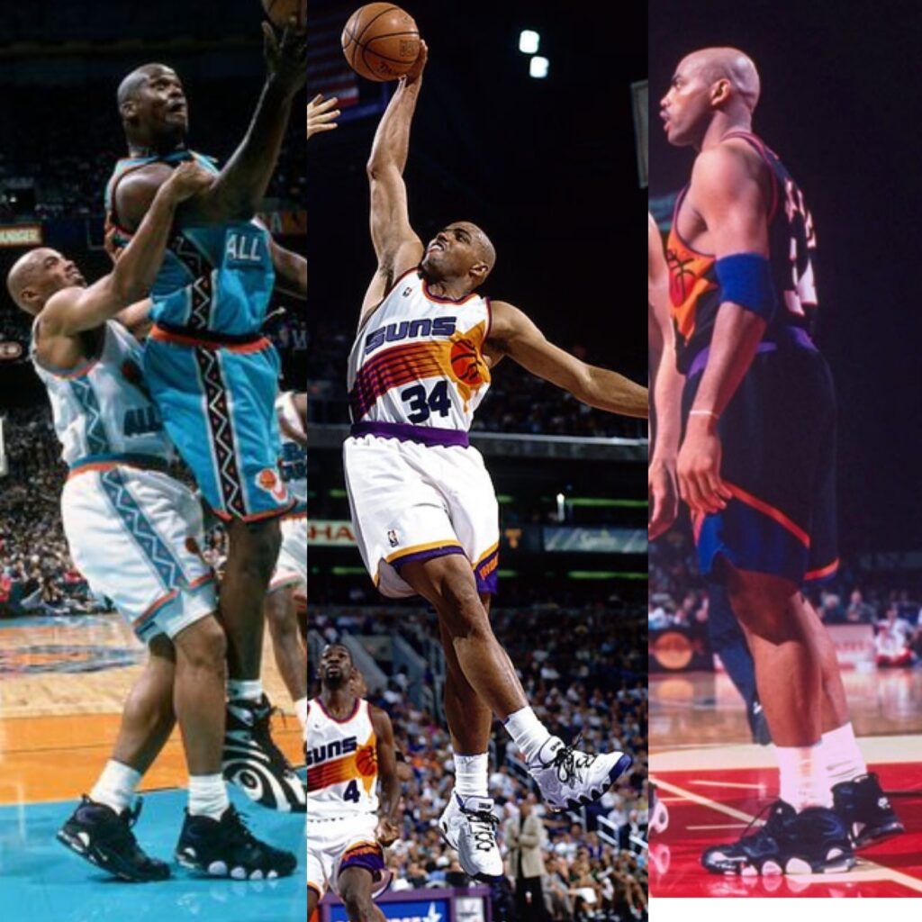 Charles Barkley wearing the CB34 during the 1996 All Star Game (left), during a home game (middle) and during an away game with the protective toe plate (right). 